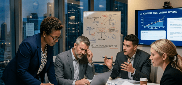 Four professionals discussing AI roadmap and business challenges around a conference table with laptops, charts, and whiteboard notes