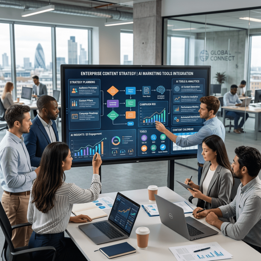 Team analyzing AI marketing tools and content strategy on digital dashboard