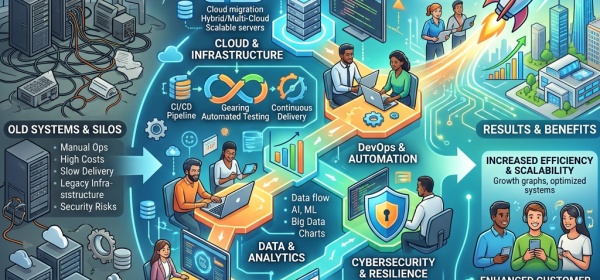 Diagram showing IT transformation from outdated systems to future-ready IT with key pillars like cloud infrastructure, DevOps, analytics, cybersecurity, and agile culture leading to increased efficiency and innovation