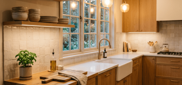 Kitchen with wooden cabinets, white countertops, farmhouse sink, pendant lights, and shelves with bowls and books