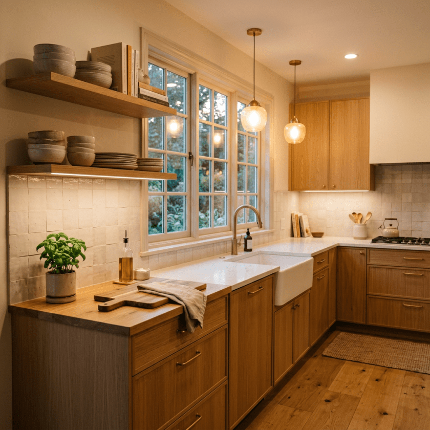 Kitchen with wooden cabinets, white countertops, farmhouse sink, pendant lights, and shelves with bowls and books