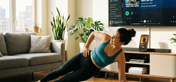 Woman doing side plank exercise on yoga mat with fitness workout displayed on TV
