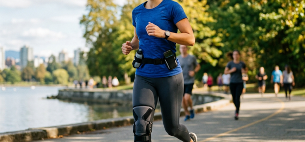 Woman running outdoors on a paved path by the water wearing a knee brace