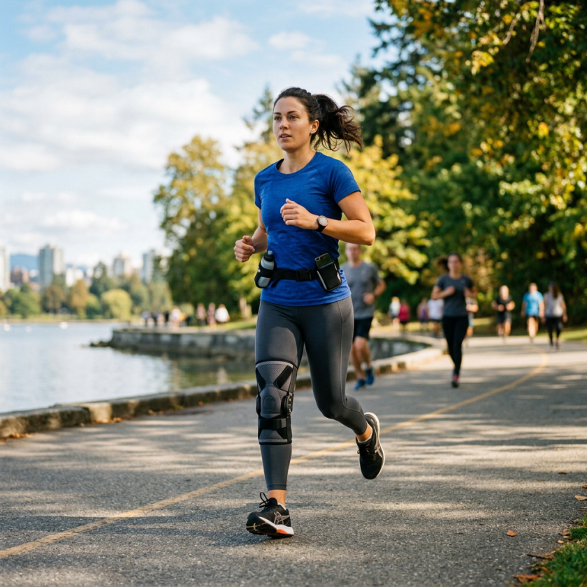Woman running outdoors on a paved path by the water wearing a knee brace