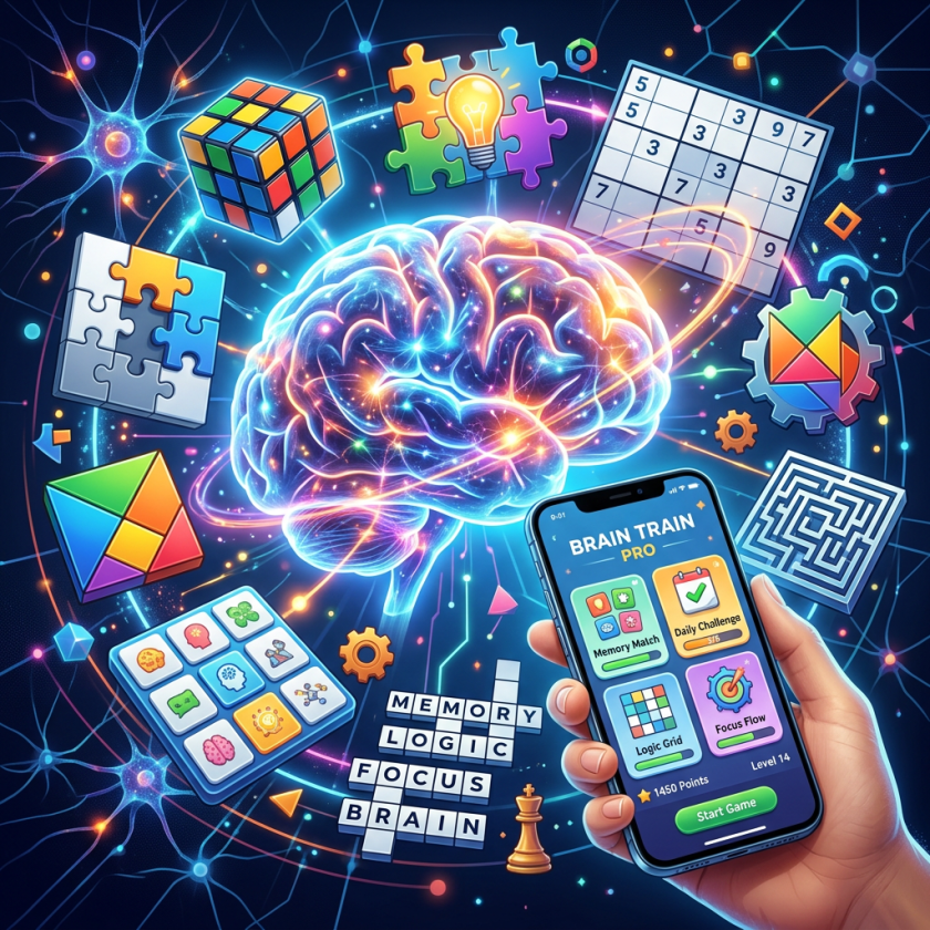 Glowing brain with puzzles and a brain training app on smartphone