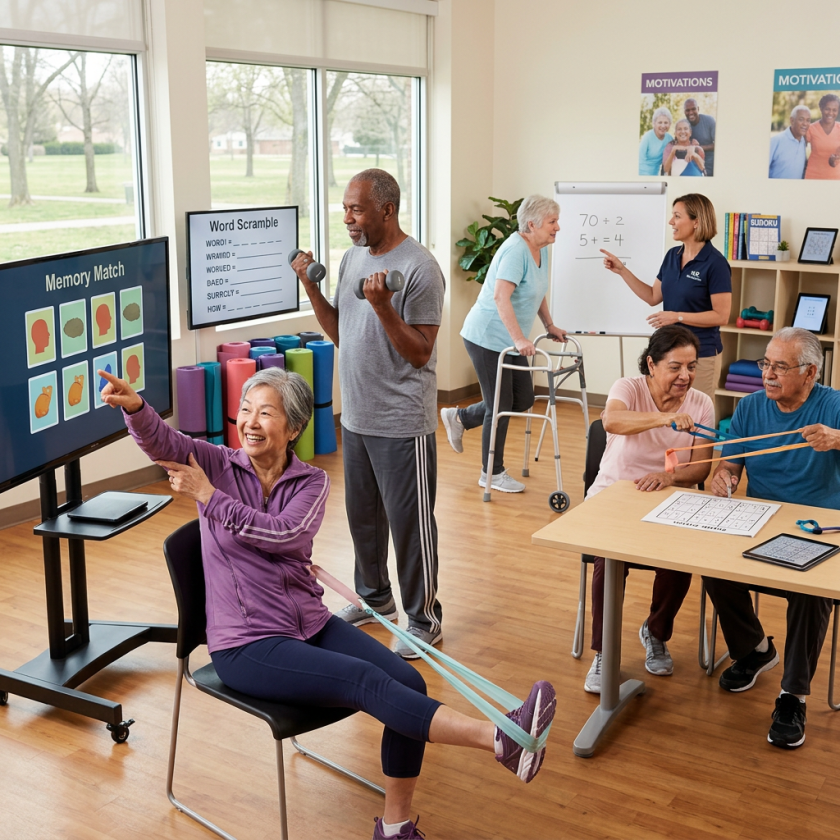 Group of seniors doing physical exercises and brain games together indoors