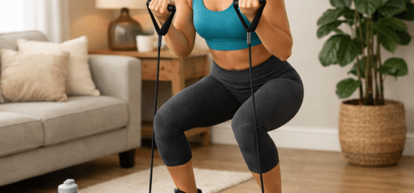Woman squatting on vibration platform holding resistance bands during workout