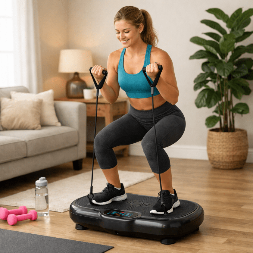 Woman squatting on vibration platform holding resistance bands during workout