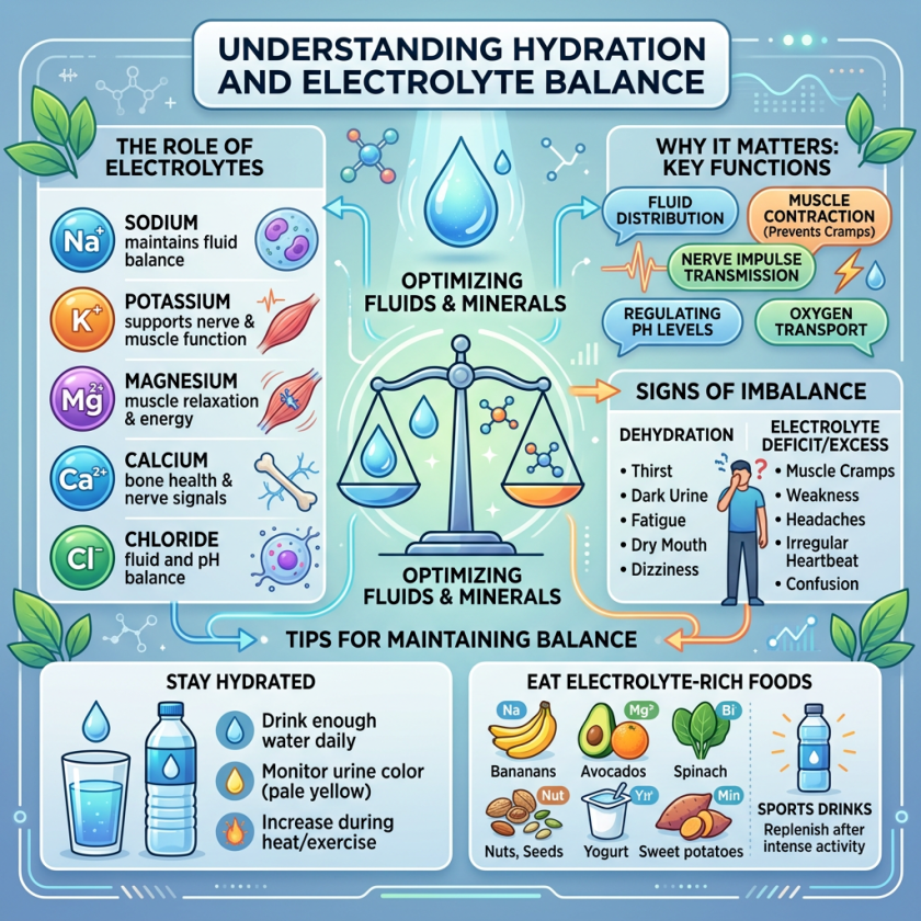 Infographic showing the role of electrolytes, their functions, signs of imbalance, and tips for maintaining hydration and mineral balance