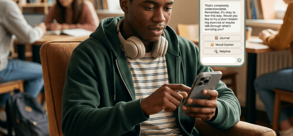 Student interacting with mindful AI companion app on smartphone