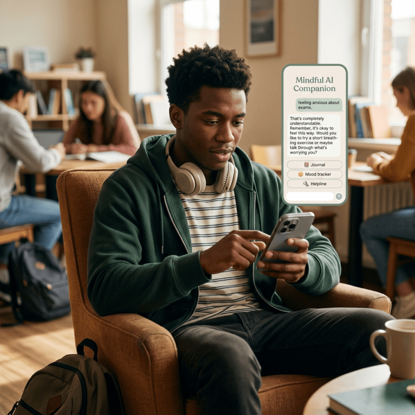 Student interacting with mindful AI companion app on smartphone