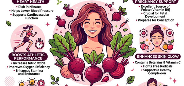 Illustration showing women's health benefits of beets including heart health, athletic performance, brain function, pregnancy support, skin glow, and digestion