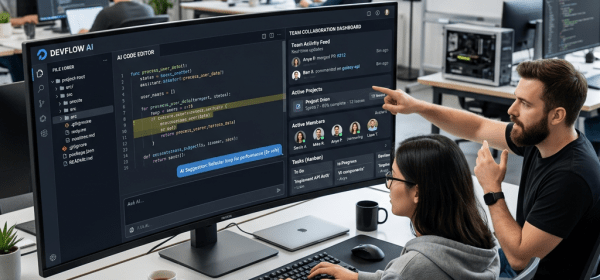 Two developers working together on AI code editor displayed on a large monitor in an open office space