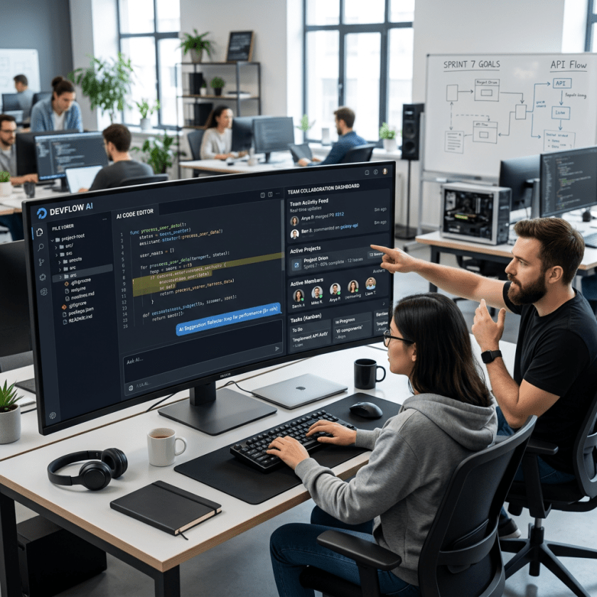 Two developers working together on AI code editor displayed on a large monitor in an open office space