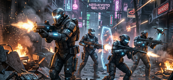 Four futuristic soldiers in armored suits fighting in a neon-lit urban street with guns and drones
