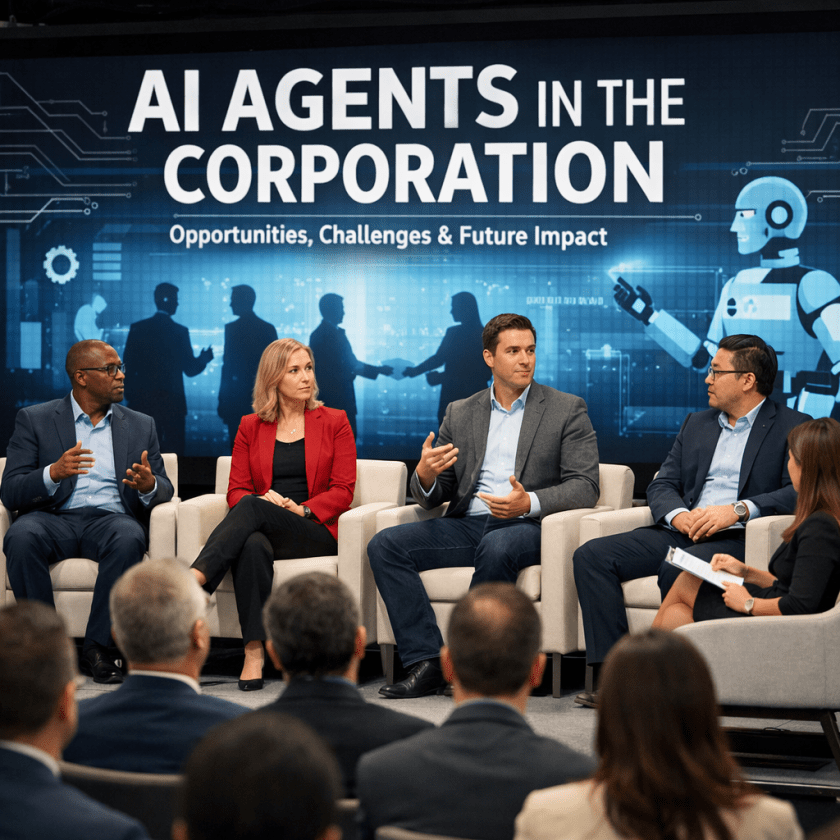 Panel of four professionals discussing AI agents in corporations in front of audience