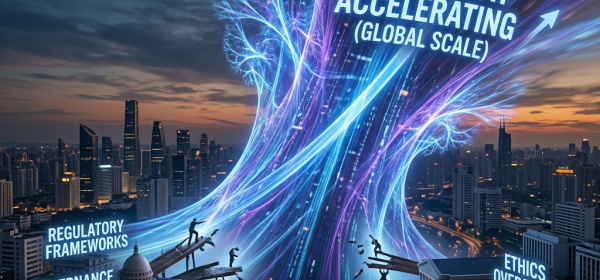 Digital representation of AI growth accelerating globally with accountability gap between governance, regulations, and ethics