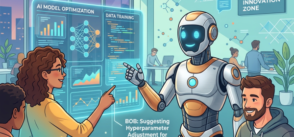 Robot and people working together on AI model optimization and data training in an innovation lab