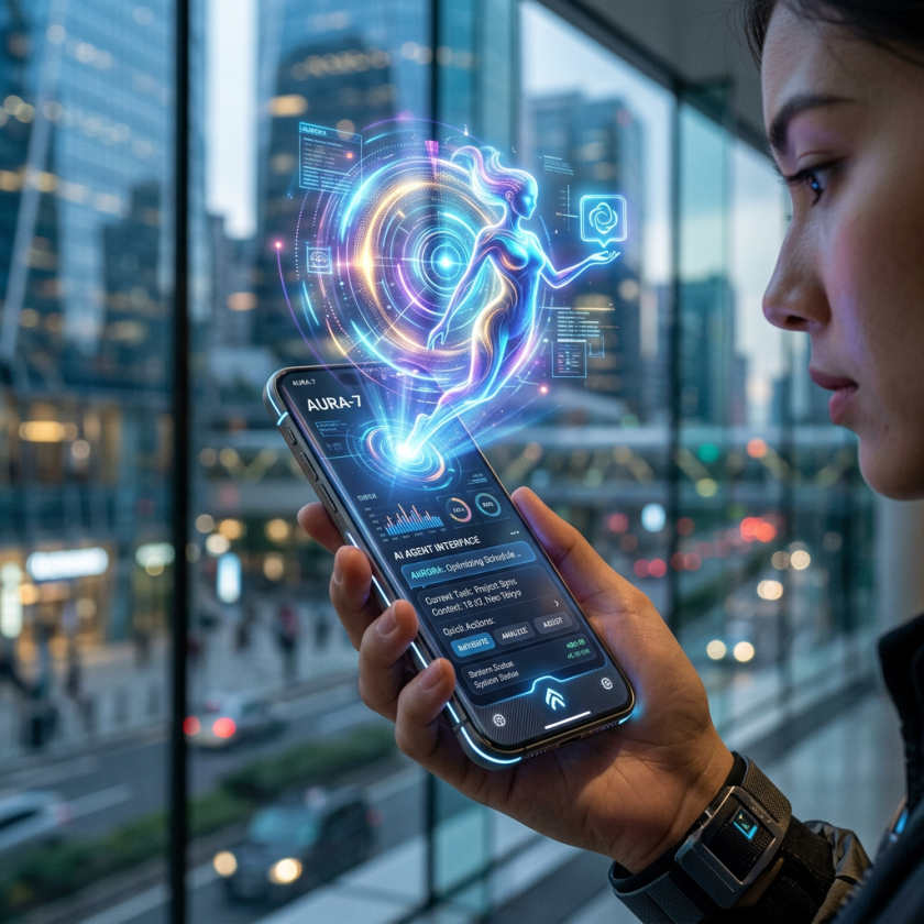 Woman holding smartphone projecting holographic AI assistant figure and interface