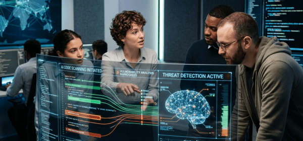 Team reviewing AI-driven threat detection and vulnerability analysis on transparent screen
