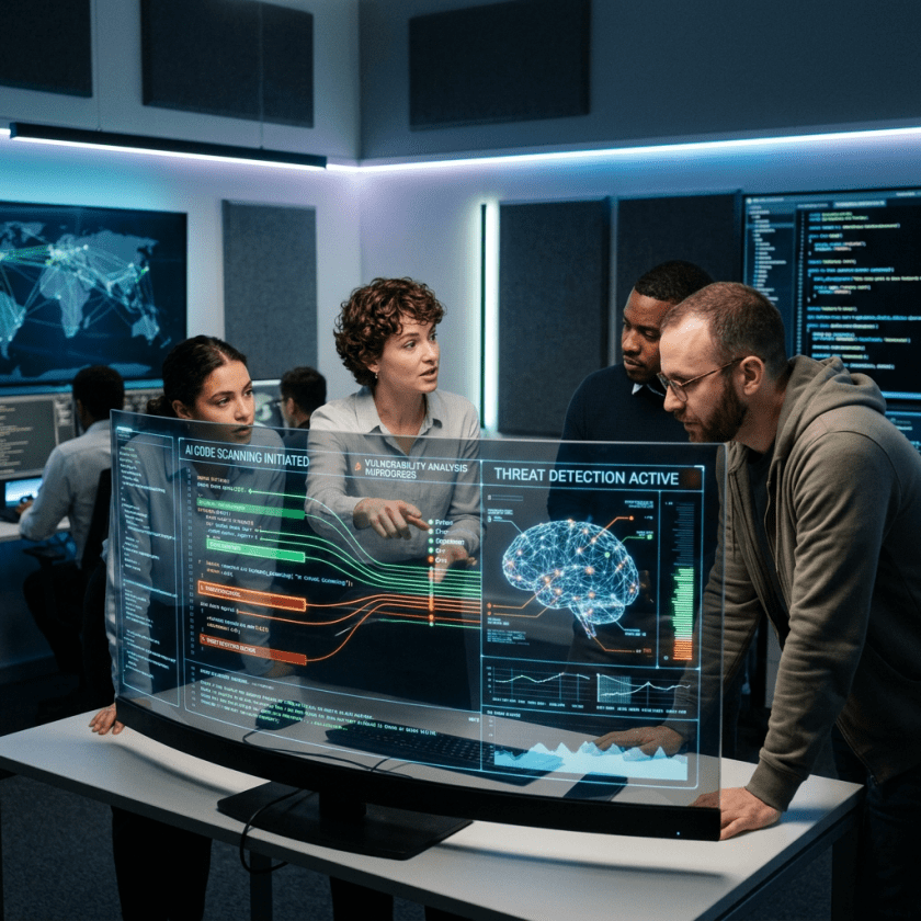 Team reviewing AI-driven threat detection and vulnerability analysis on transparent screen