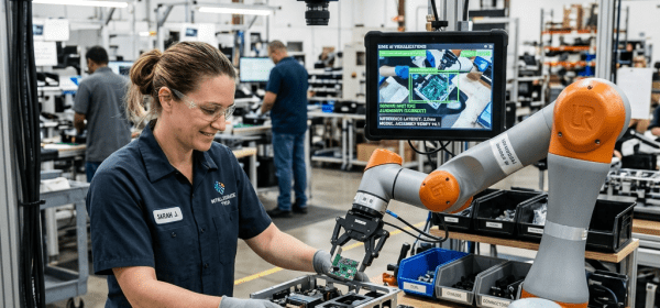 Technician assembling electronic device with help of robotic arm in factory