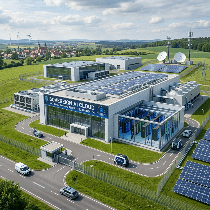 Exterior view of Sovereign AI Cloud National Data Center with solar panels and satellite dishes