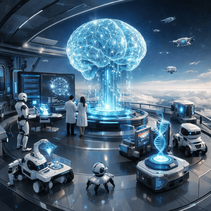 Two scientists and multiple robots in a futuristic lab studying holographic brain and DNA displays.