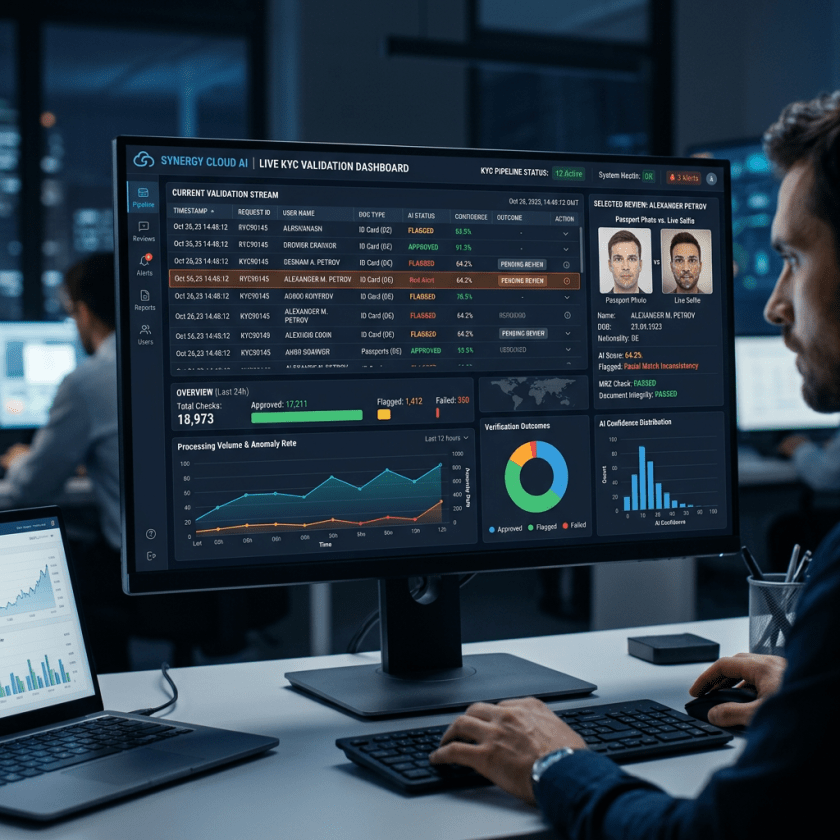 KYC validation dashboard showing user verification statuses and anomaly charts