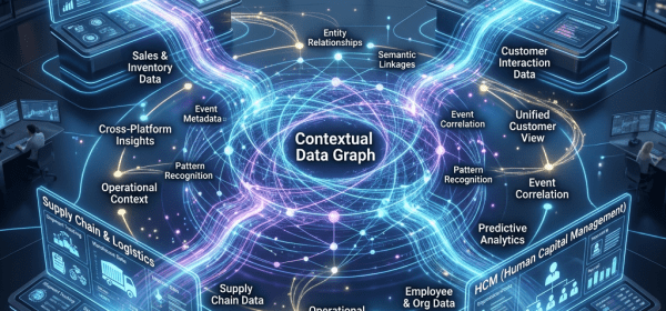 Diagram showing integration of ERP, CRM, Supply Chain, and HCM platforms with central contextual data graph