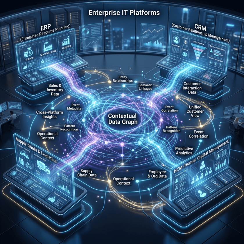 Diagram showing integration of ERP, CRM, Supply Chain, and HCM platforms with central contextual data graph