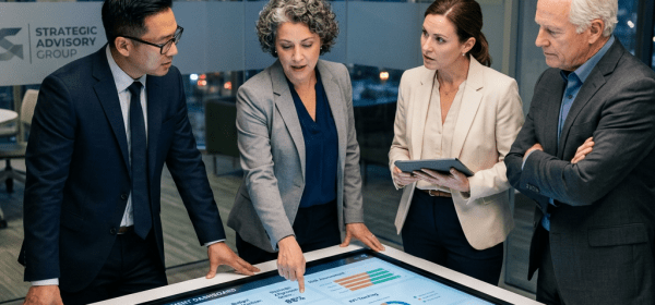 Four business professionals analyzing data on a large interactive digital dashboard in an office.