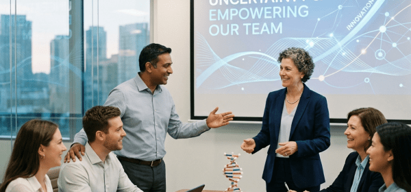 Business team discussing empowerment and innovation in a conference room