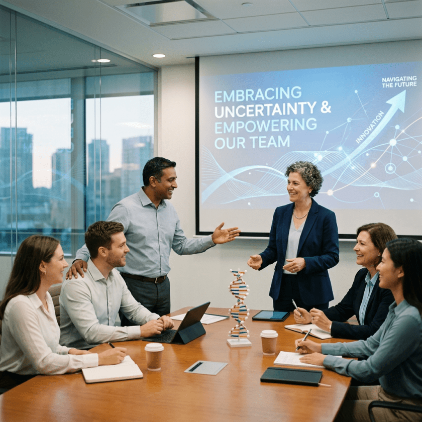 Business team discussing empowerment and innovation in a conference room