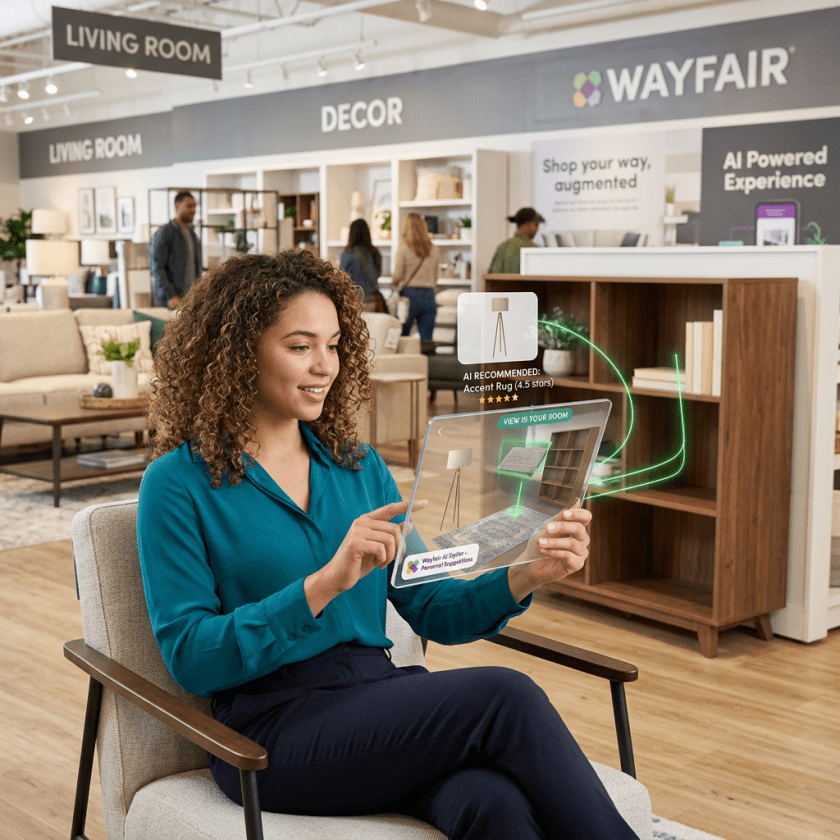 Woman sitting in chair interacting with transparent screen showing AI recommended home decor items