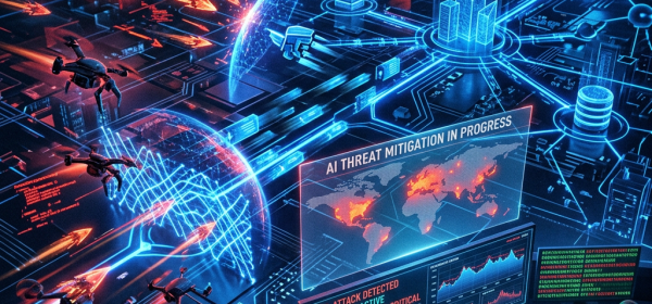 Cybersecurity analysts using AI systems to defend network against cyber attacks