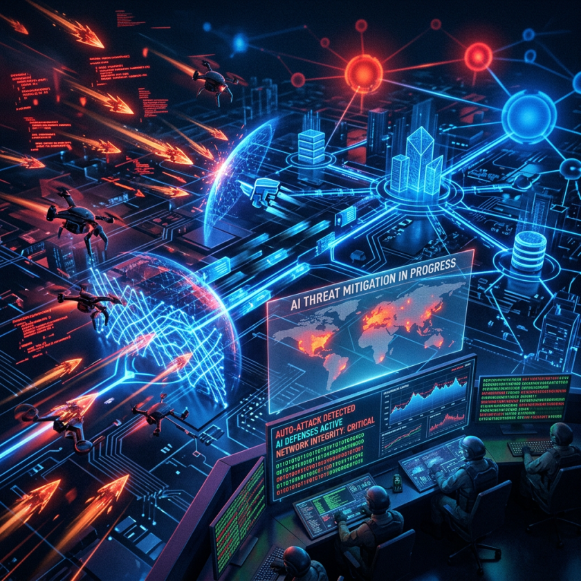 Cybersecurity analysts using AI systems to defend network against cyber attacks