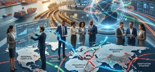 Business team analyzing global supply chain maps and market risk data in a futuristic control center
