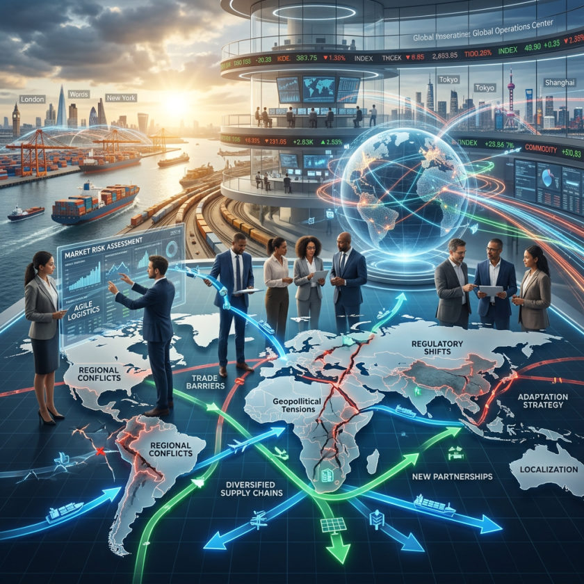 Business team analyzing global supply chain maps and market risk data in a futuristic control center