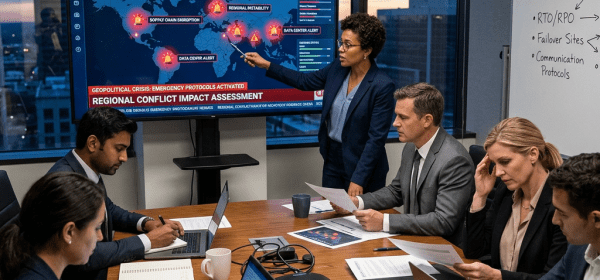 Business team reviewing global operational risk and recovery status on screen
