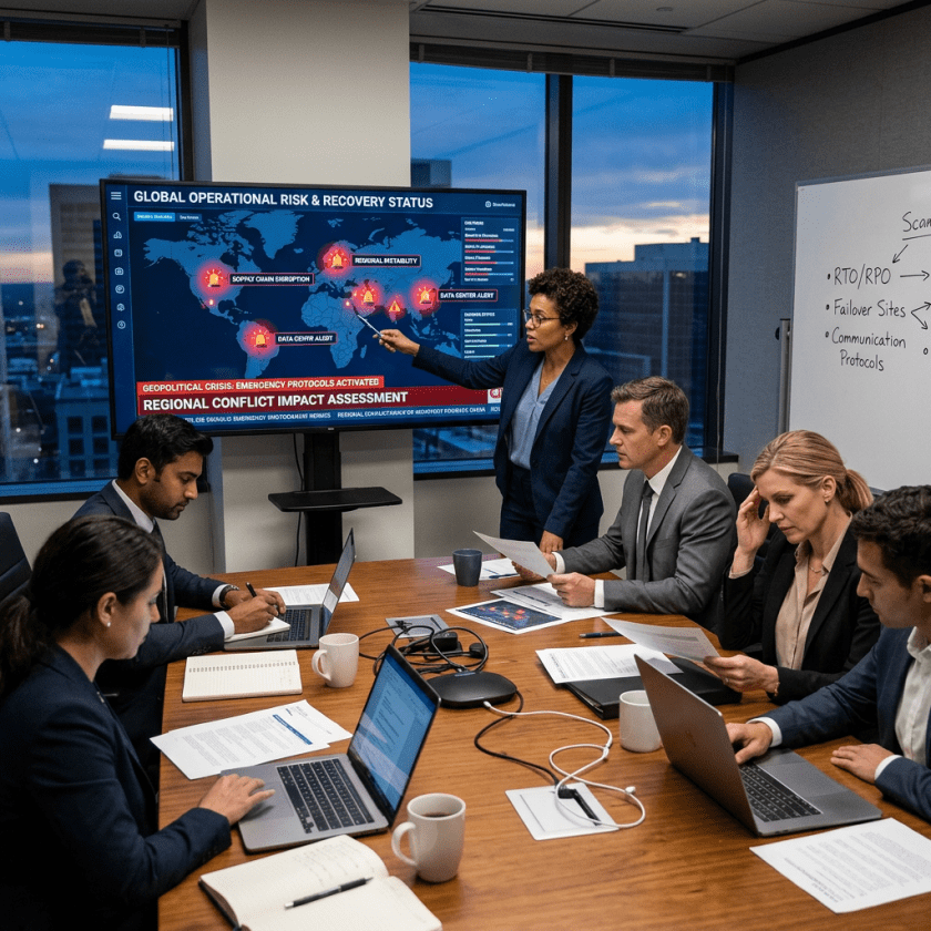 Business team reviewing global operational risk and recovery status on screen