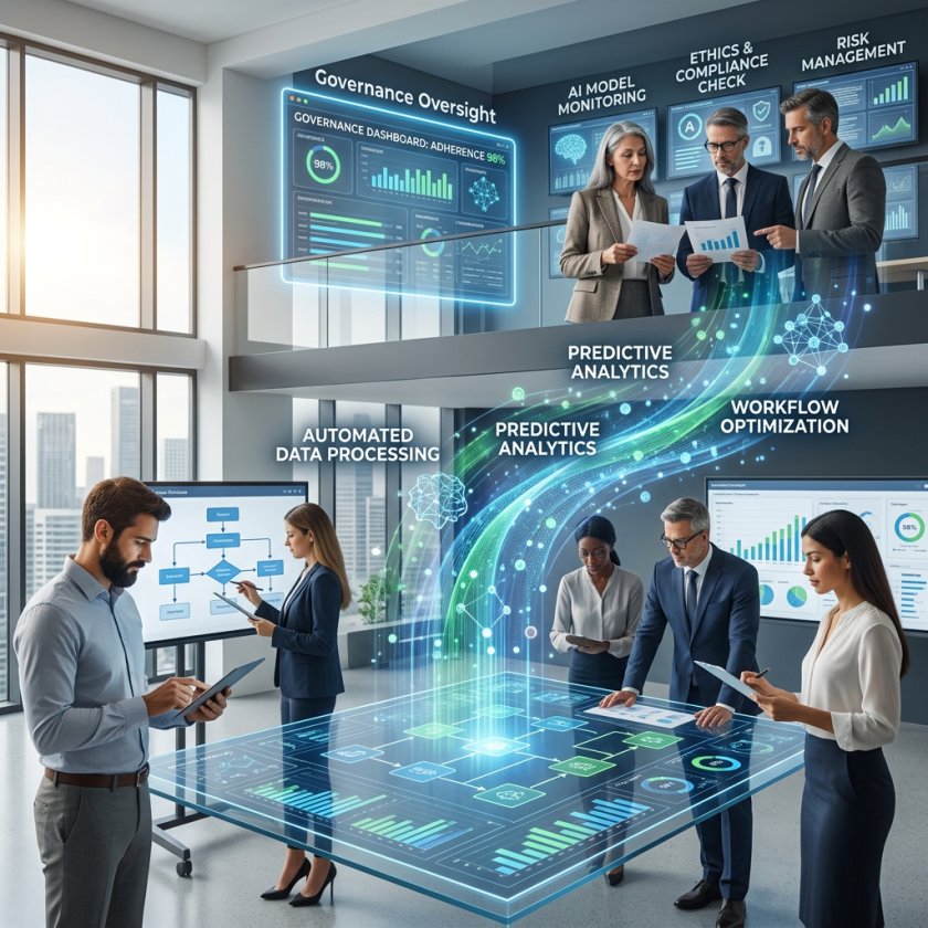 Team collaborating around a digital table with AI analytics and workflow optimization graphics