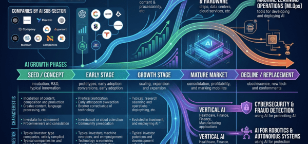 Infographic showing AI investment landscape with growth phases, market sectors, and top global AI hubs