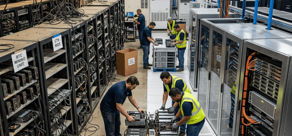Technicians handling BTC mining units and ETH rigs inside an AI and machine learning compute cluster room