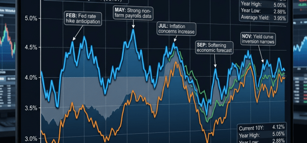 Line chart showing 10-year, 5-year, and 2-year U.S. Treasury yield fluctuations with annotations for key months in 2026