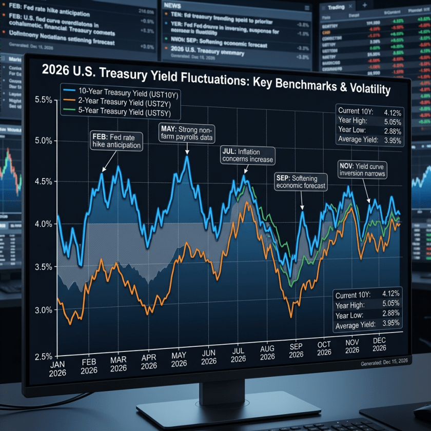 Line chart showing 10-year, 5-year, and 2-year U.S. Treasury yield fluctuations with annotations for key months in 2026