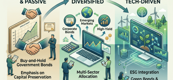 Illustration of evolving fixed income investment strategies from traditional to tech-driven sustainable methods