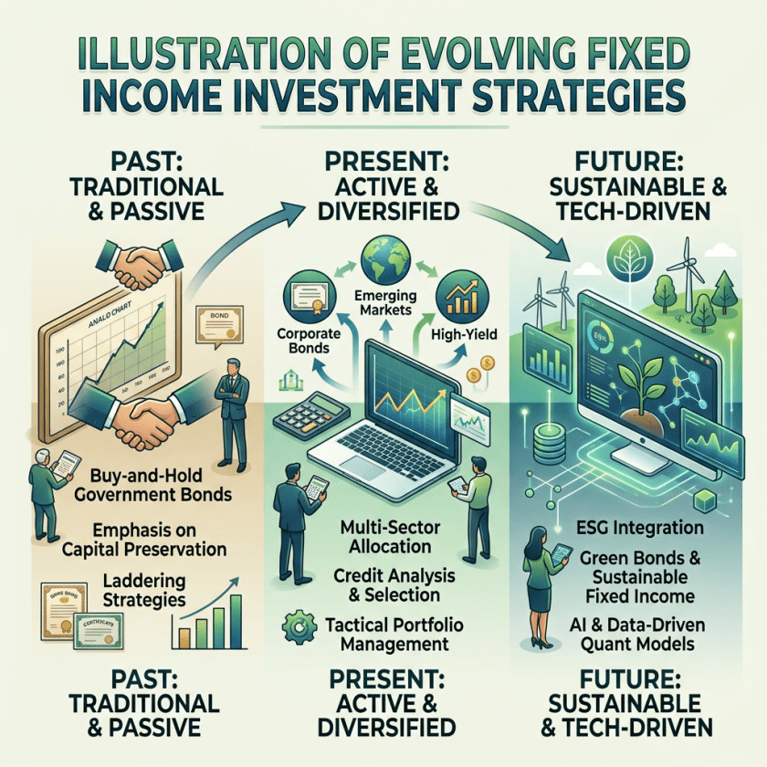 Illustration of evolving fixed income investment strategies from traditional to tech-driven sustainable methods