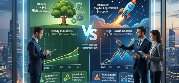 Comparison of value investing with steady industries and growth investing with high-growth sectors showing trend graphs for 2026
