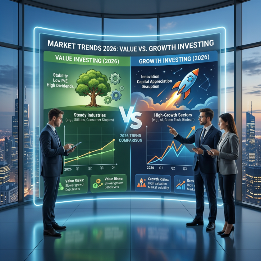 Comparison of value investing with steady industries and growth investing with high-growth sectors showing trend graphs for 2026